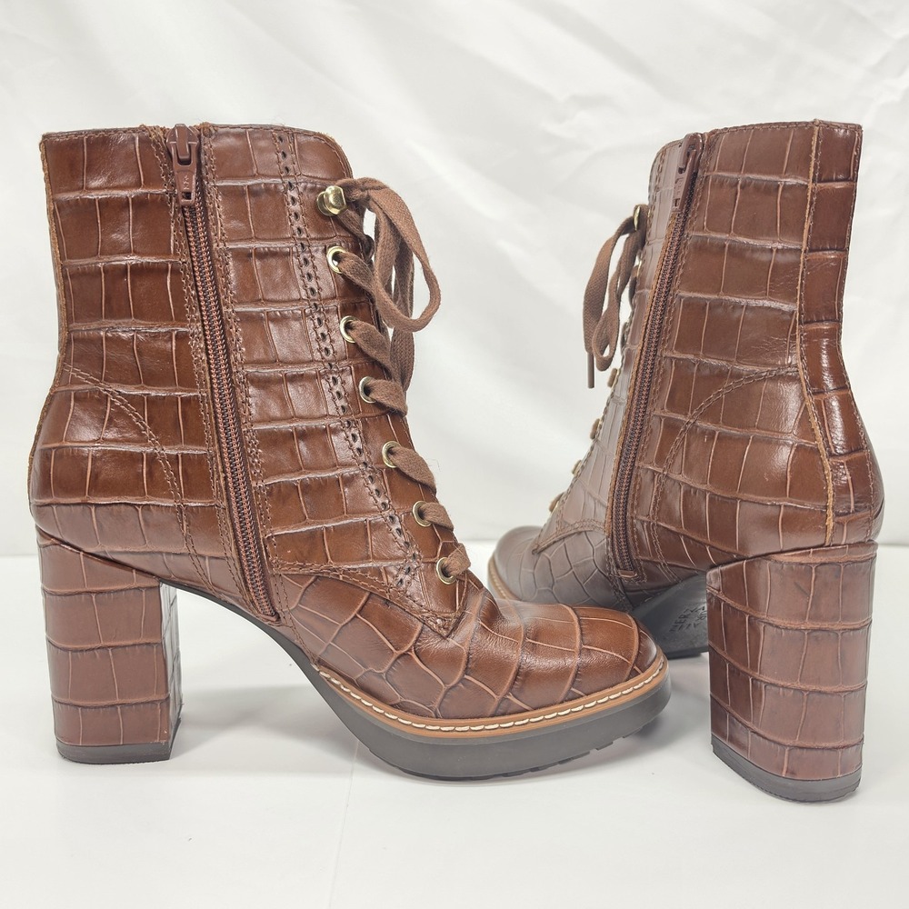 Naturalizer Womens 7.5 Brown Croc Embossed Leather Lace Up Ankle Boots Block Hee - Picture 6 of 16